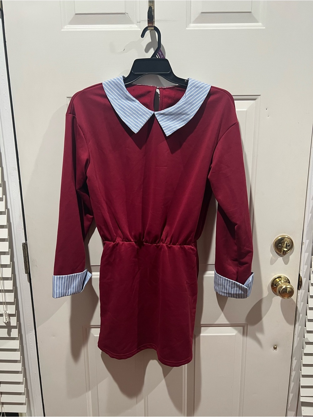 SHEIN Burgundy Mini Dress with Light Blue Striped Collar & Cuffs